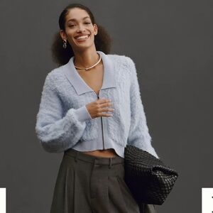 Anthropologie Baby Blue Fuzzy Zip-Up Brushed Sweater Cardigan Large